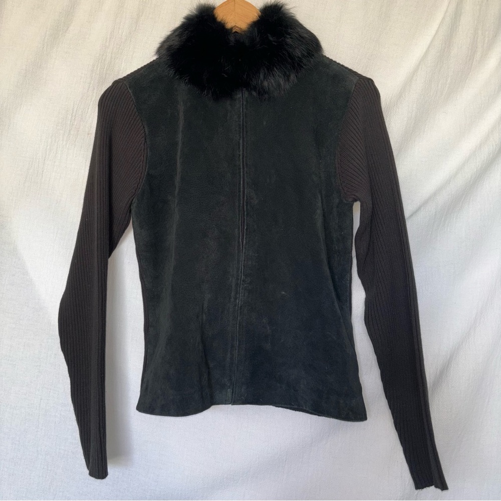 ESCAPADE Black Suede Leather Sweater Jacket with Rabbit Fur Collar